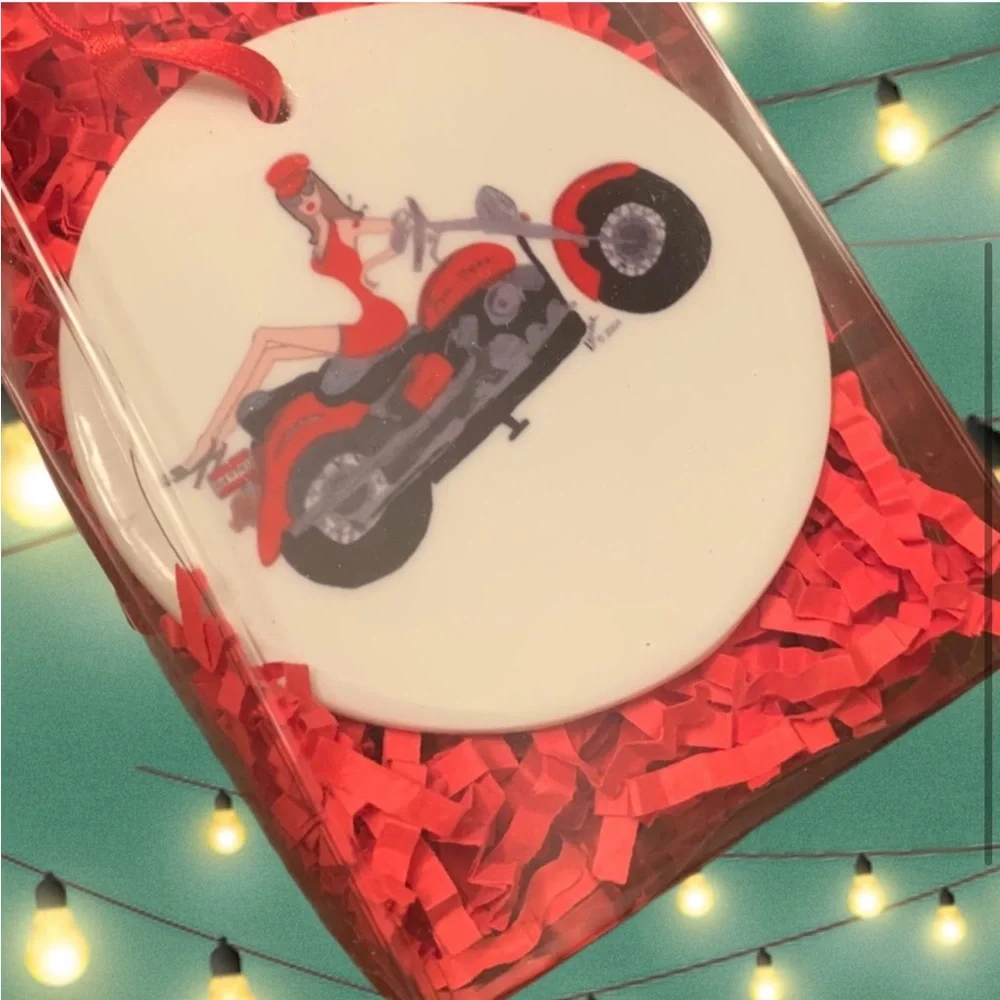 Christmas ornament Biker Babe ceramic round holiday